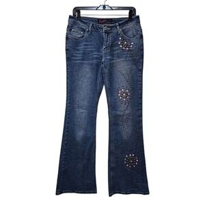 Y2K Fluid Jeans Low Rise Flare Studded Size 11 / 32 Blue Denim‎ Embellished